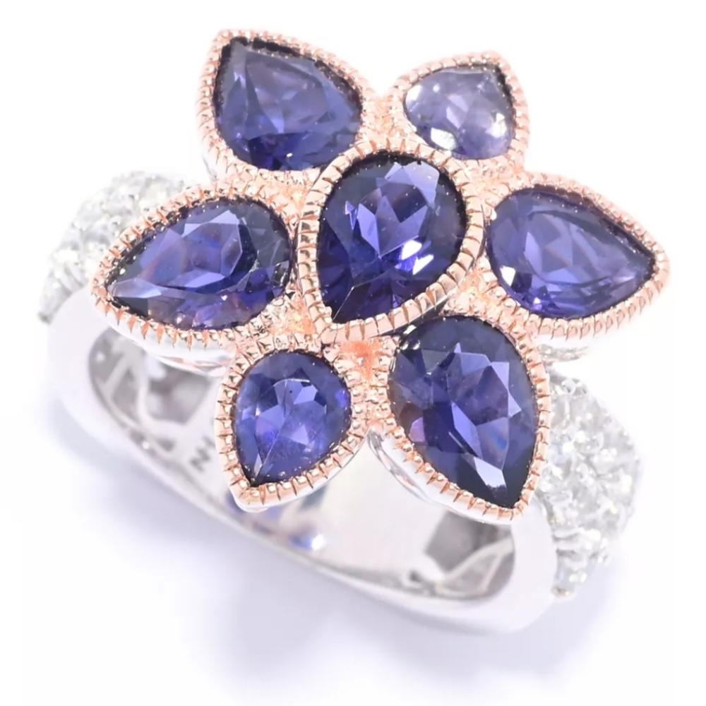 Genuine Iolite & White Zircon Ring Palladium Sterling Silver 18k RG Sz 8 - Picture 3 of 8